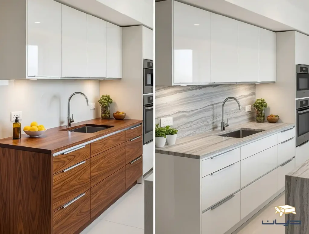 قبل و بعد تعویض رویه کابینت با سنگ طبیعی